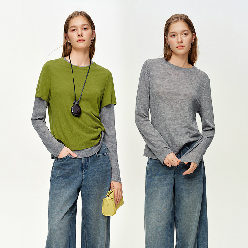 独束女装【抹茶奶盖】撞色叠穿真两件针织时尚上衣26DS81062/81277