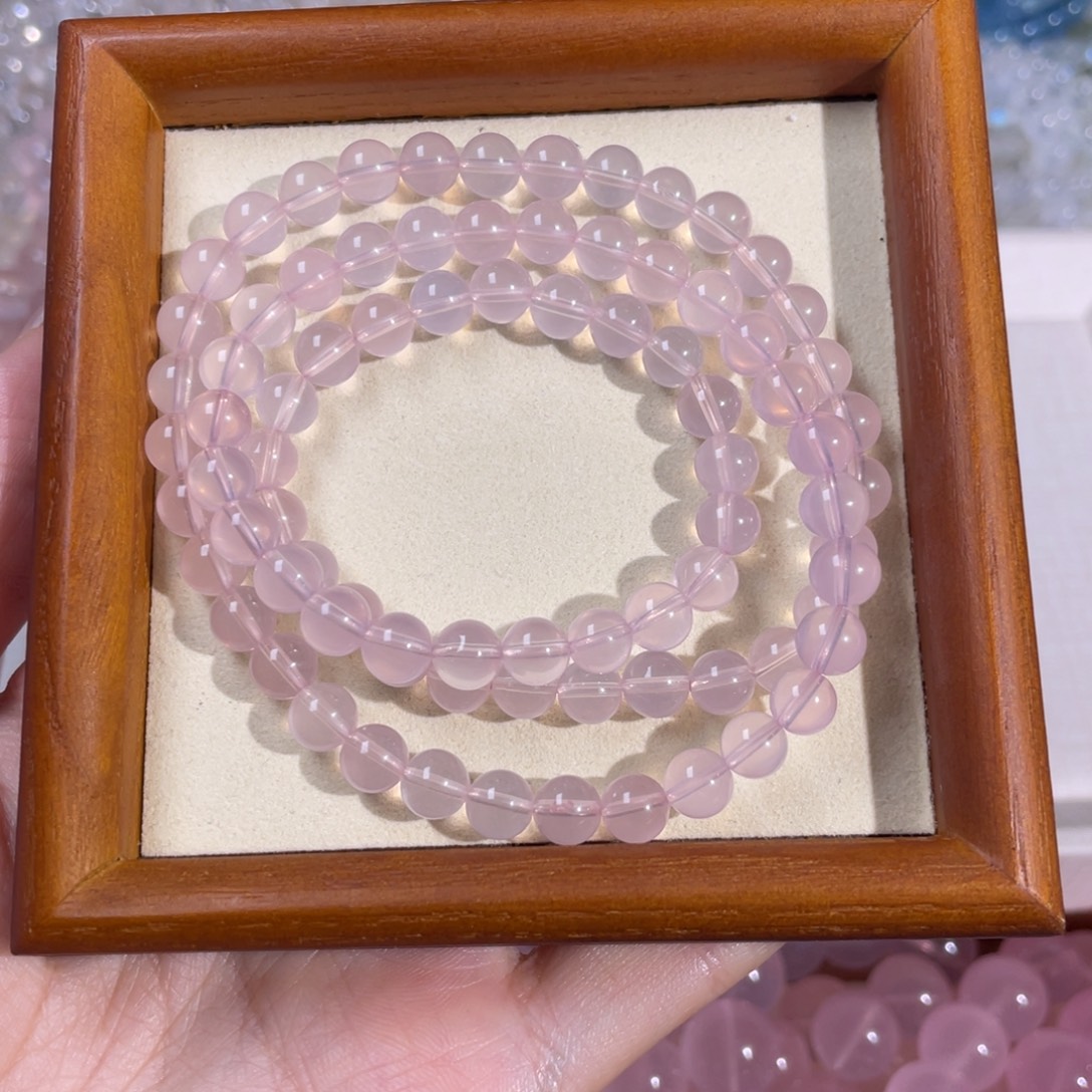 芙蓉石未镶嵌手链粉水晶手串三圈卡6mm+