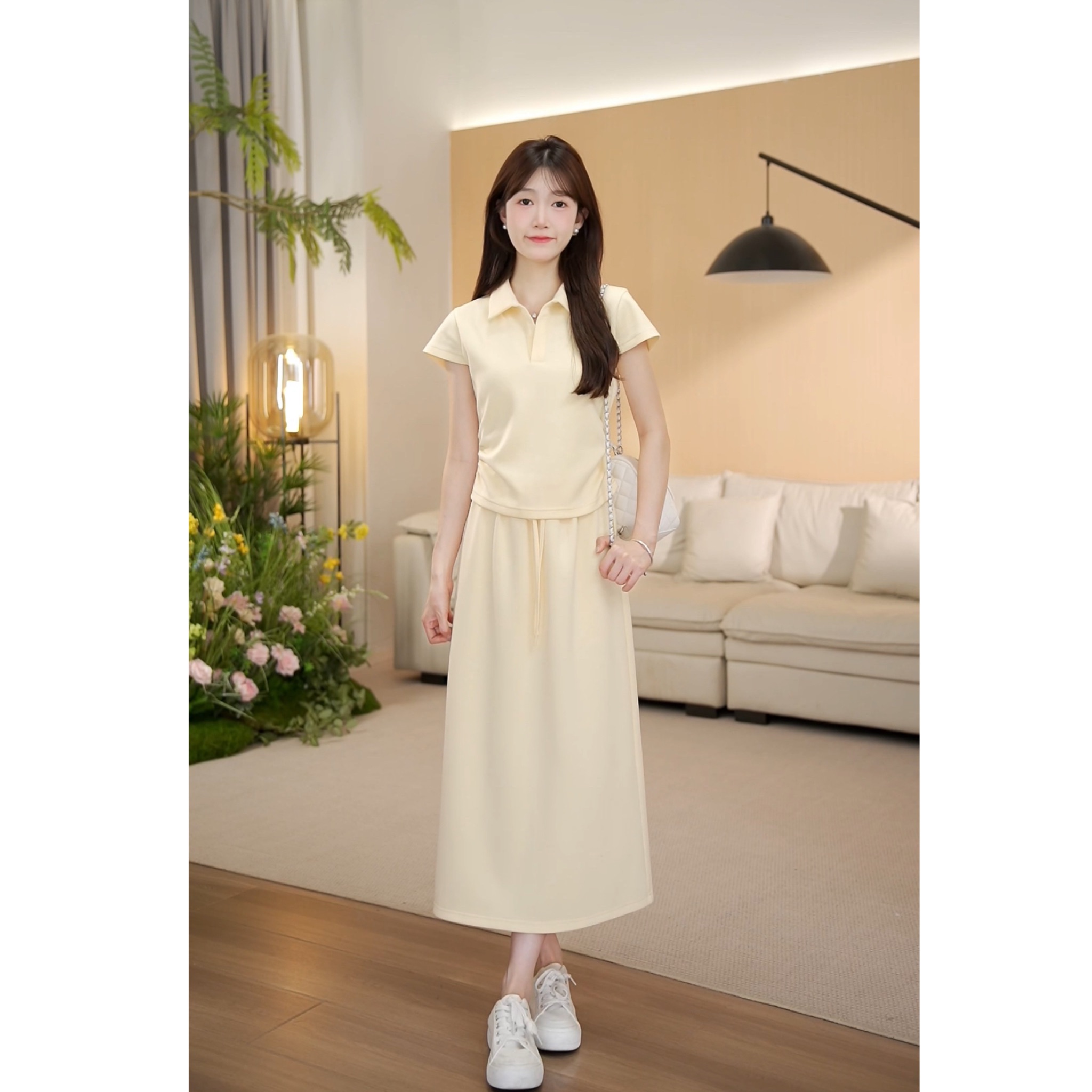 （现货）夏季显瘦休闲复古洋气小众上衣+半身裙套装-8377