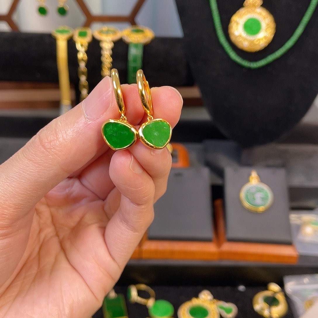 翡翠耳饰银S925镀金镶嵌