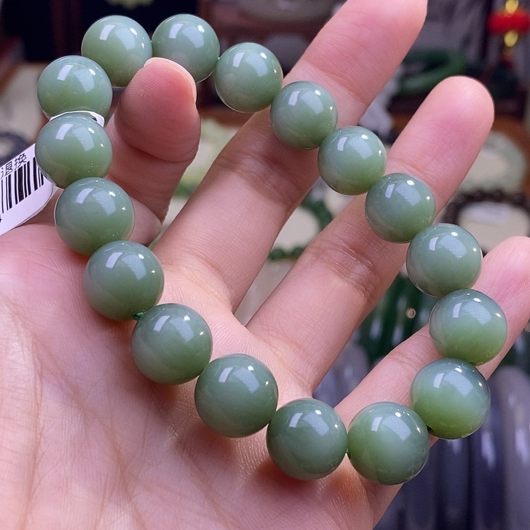 颈饰未镶嵌和田玉毕业级老坑料碧玉粉青猫眼手链12m