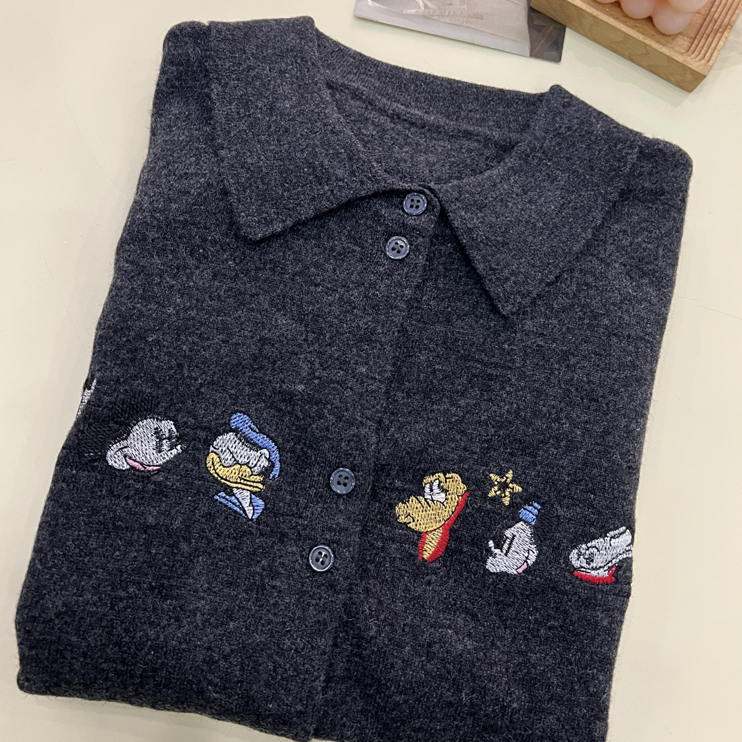 绒品 韩系翻领衬衫领卡通刺绣开衫针织衫