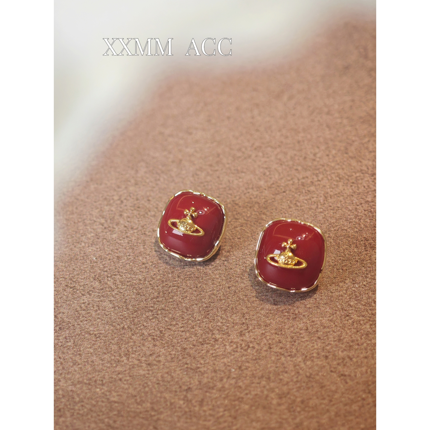 铜合金耳饰 金色几何图案红色耳环设计感耳饰时尚法式古法港风