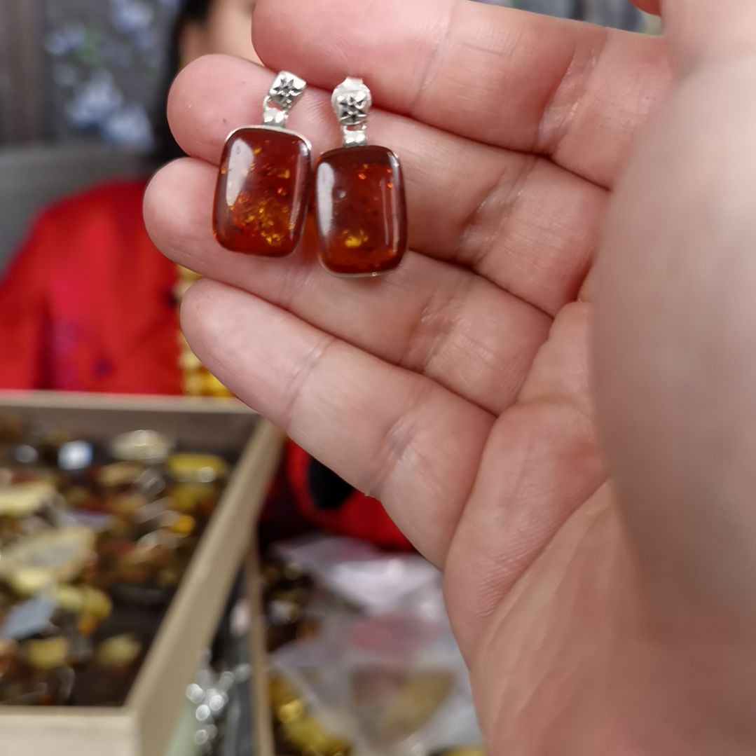 琥珀耳饰银S925镶嵌耳钉