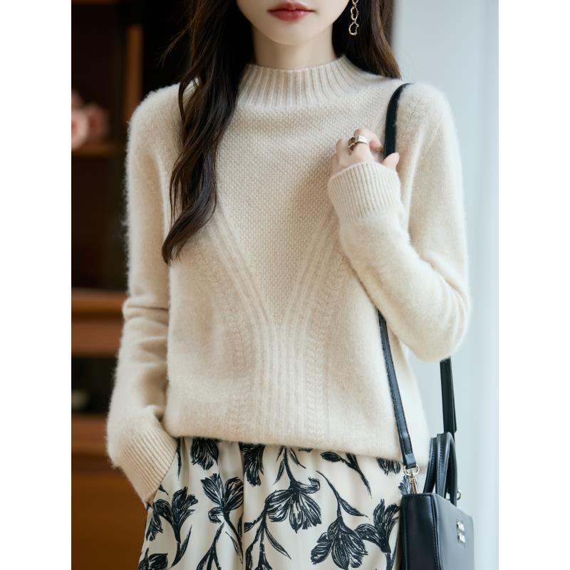 100%羊毛提花衫深驼色打底衫秋冬针织半高领NJR942