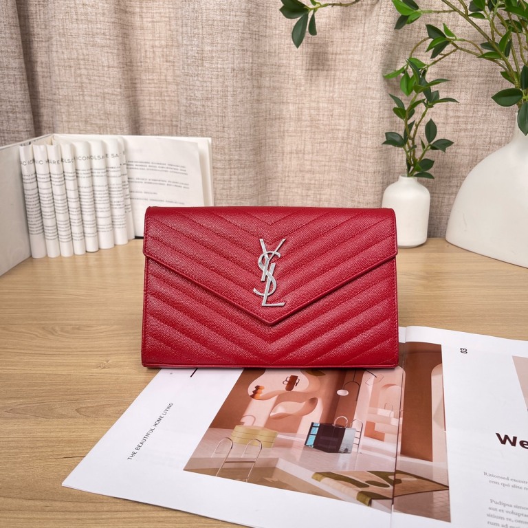 95新 YSL/圣罗兰 【九筒奢品】红色银扣信封/单肩包/1265