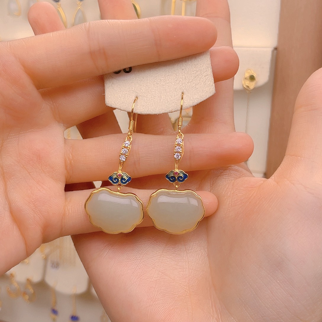 和田玉耳饰银S925镀金镶嵌