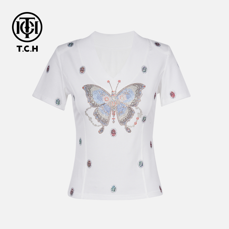 TCH私服烫钻工艺新时尚淑女百搭新潮流T恤女T75B10E5139轻奢tch