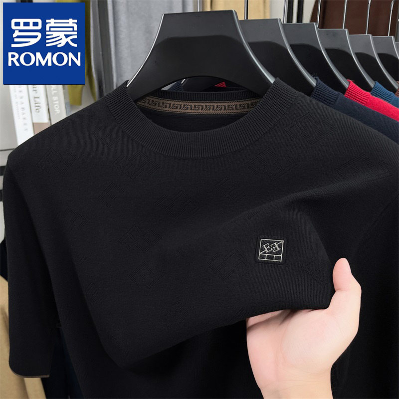 罗蒙秋冬季新品百搭男士打底衫毛衣半袖休闲男装圆领短袖针织衫潮