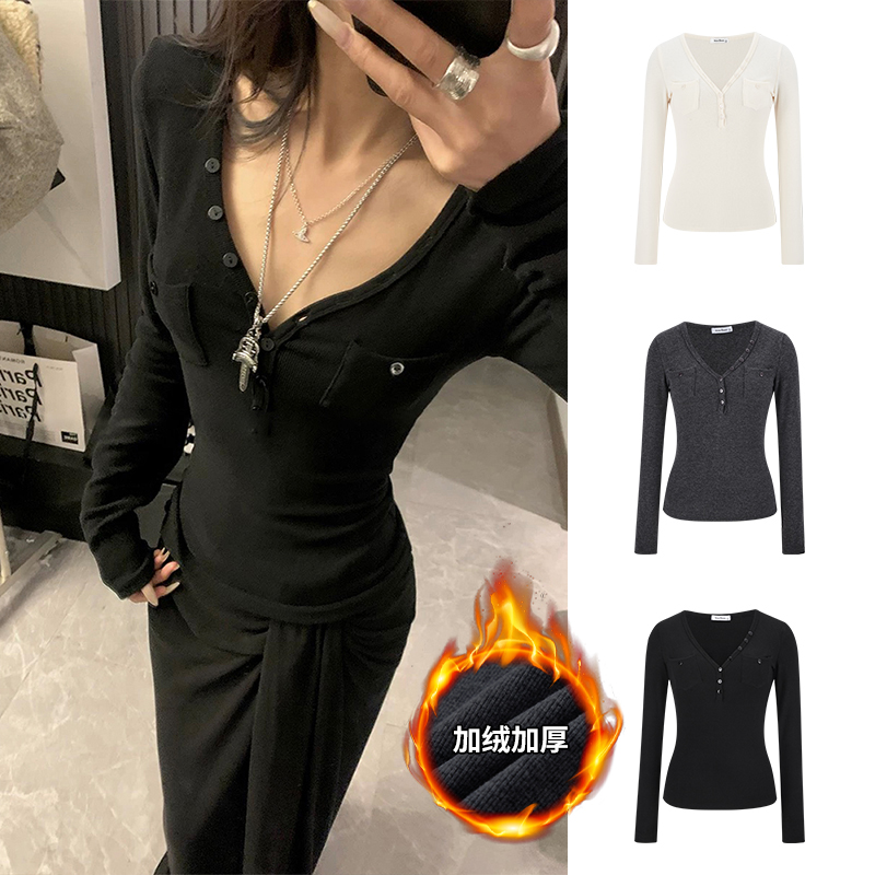 Moses Queen/魔西女王别致小众口袋V领长袖T恤女修身显瘦内搭上衣