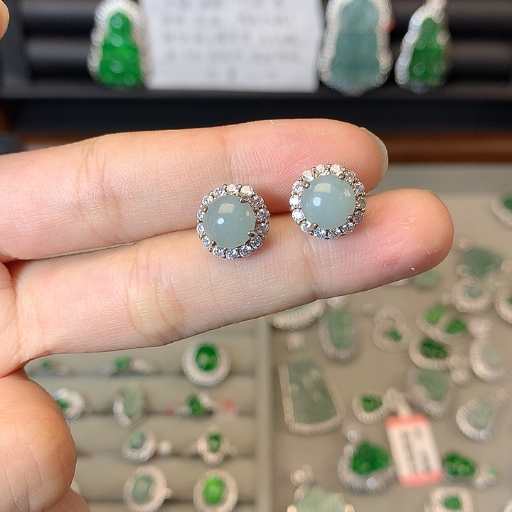 翡翠银S925镶嵌耳饰耳钉