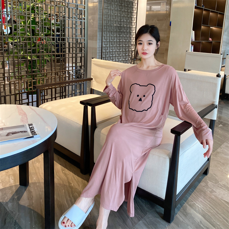 哺乳睡裙夏季莫代尔产后月子服喂奶睡衣哺乳衣长袖孕妇连衣裙长款