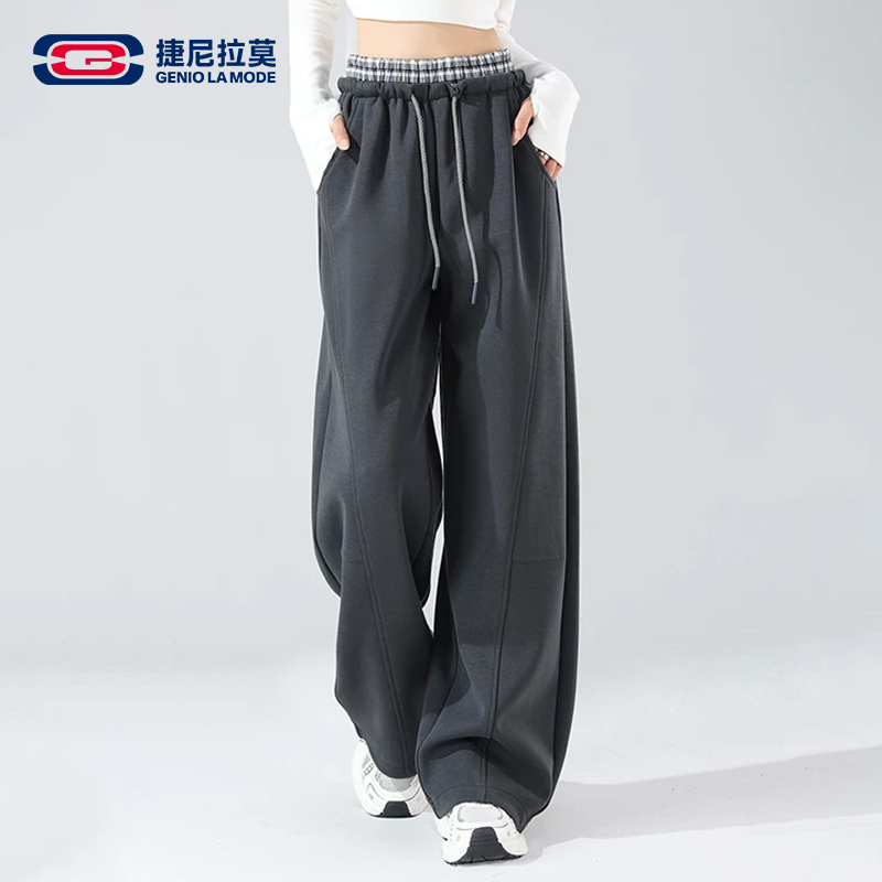 【敖瑞鹏代言】休闲裤秋季时尚设计感格纹拼接休闲裤高腰显瘦 19135