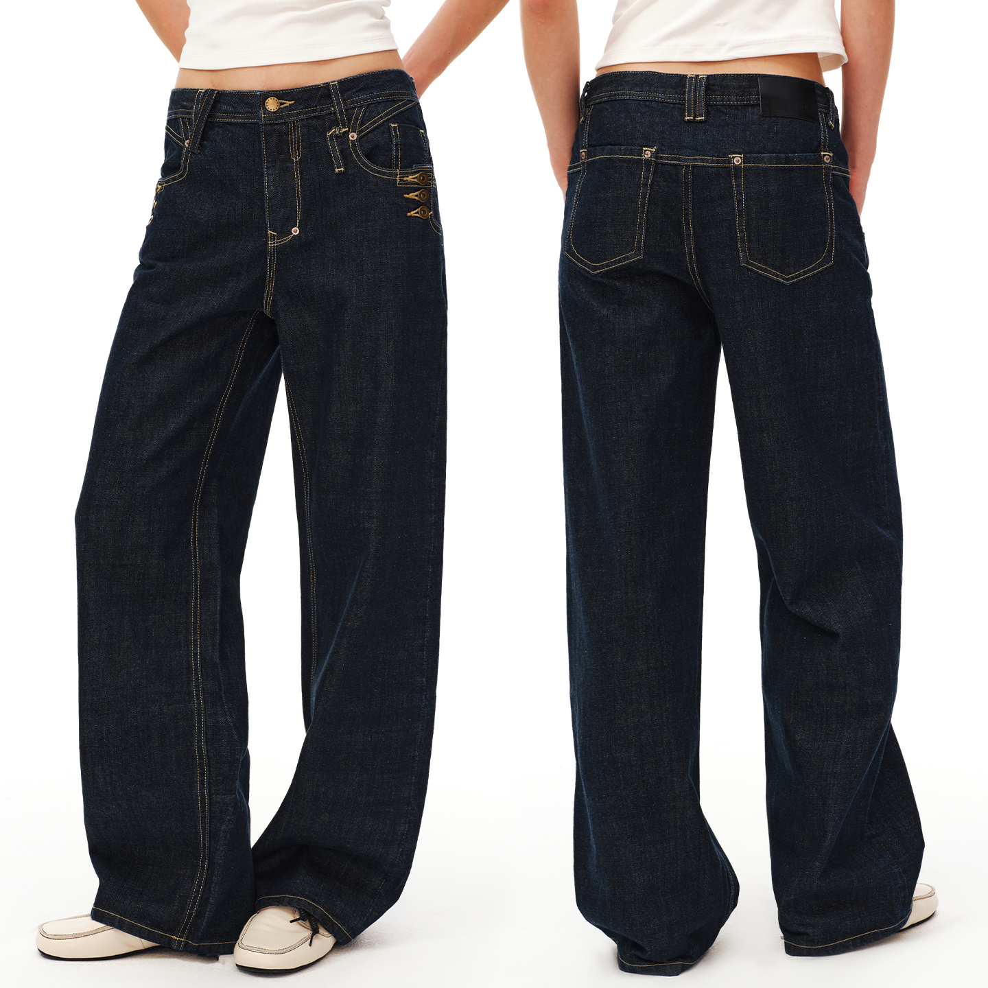 SMIIILE经典复古赤耳红边解构牛仔裤压线设计中低腰百搭直筒长裤