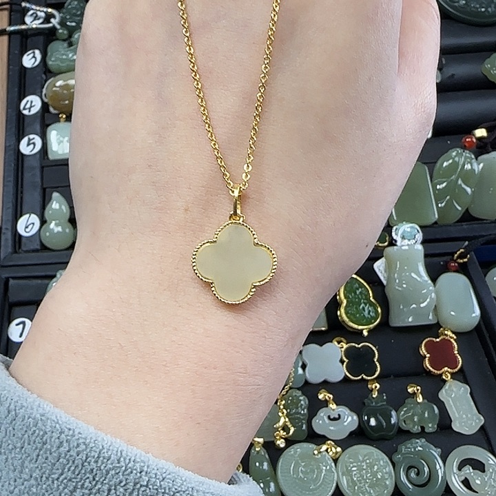 和田玉吊坠(不含链)银S925镶嵌加链子加皮绳