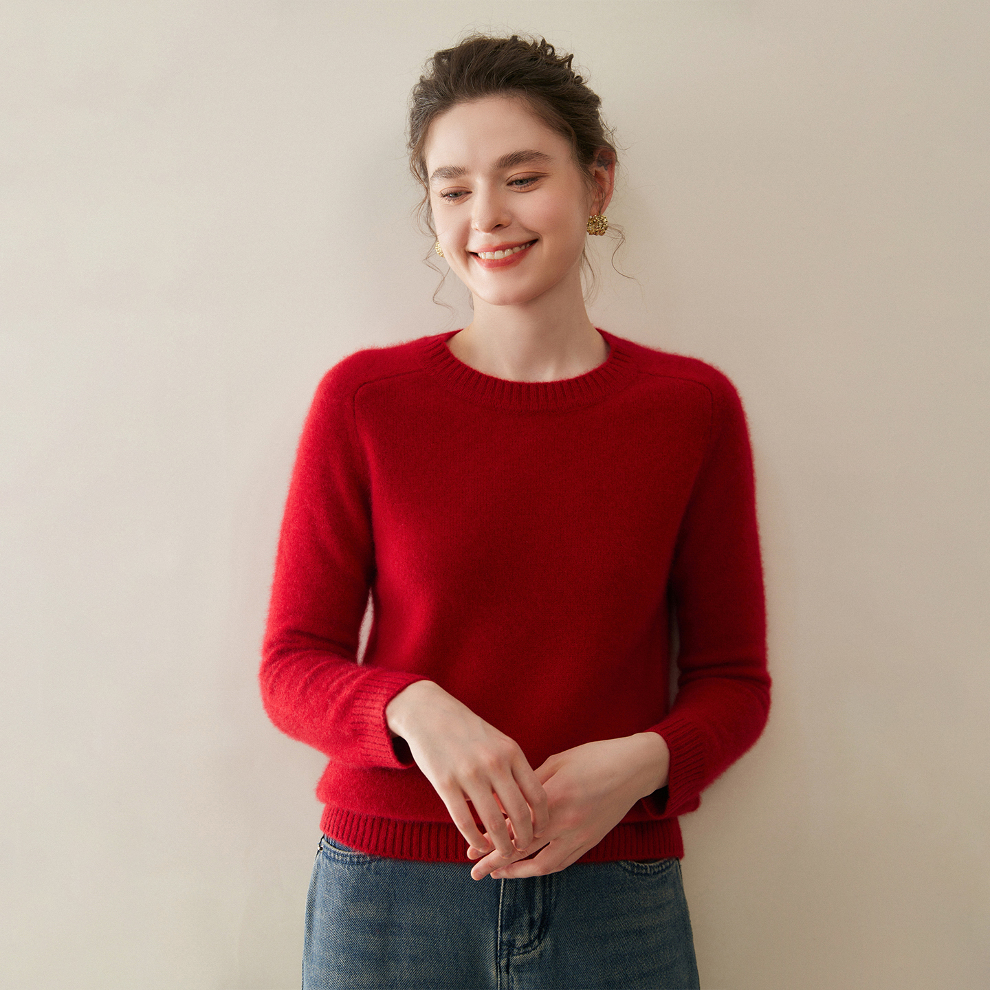 25新款100%山羊绒女士常规落肩袖圆领女士厚款羊绒衫女针织毛衣