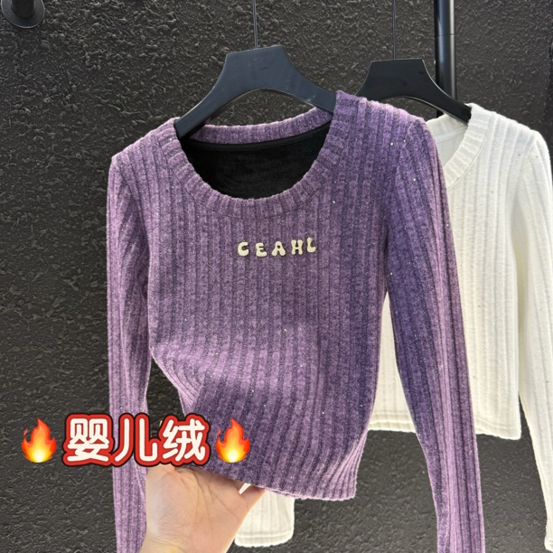 高级感手工钉钻紫色打底衫女秋冬新款设计感内搭加绒长袖上衣8050
