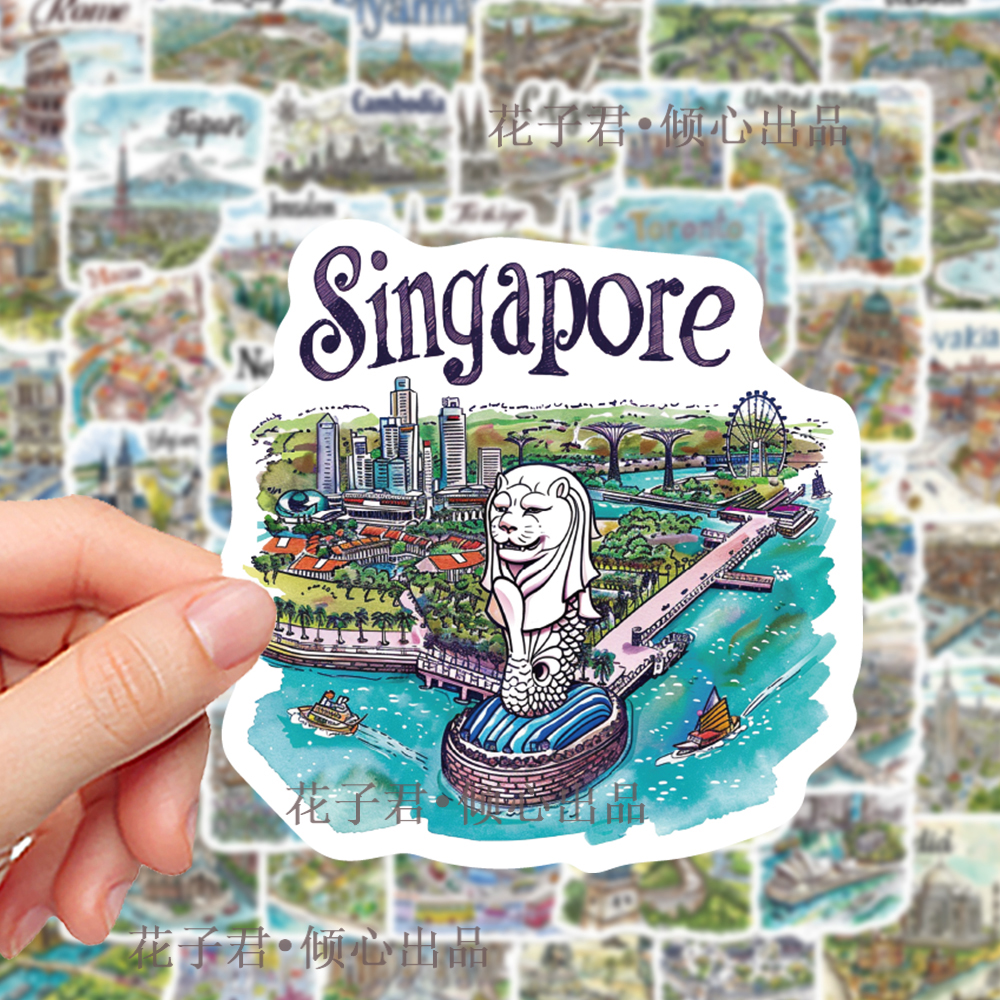 50张手绘世界各地著名景点贴纸创意旅游地图行李箱相册贴画自粘