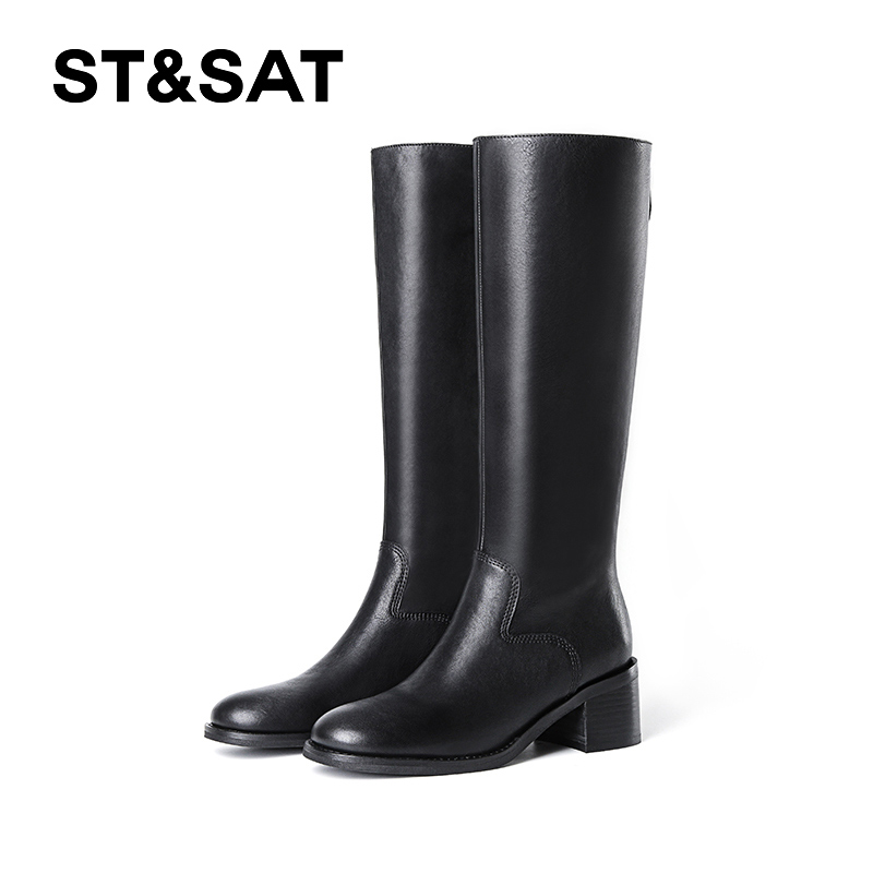 St&Sat/星期六植鞣头层牛皮2025冬季新款骑士靴粗跟长筒靴瘦瘦靴