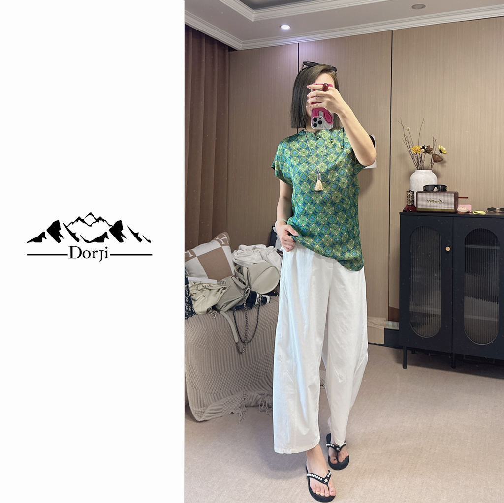 DORJI-女装-国风人丝香云纱绿色花朵中式上衣马甲DJ251VE112