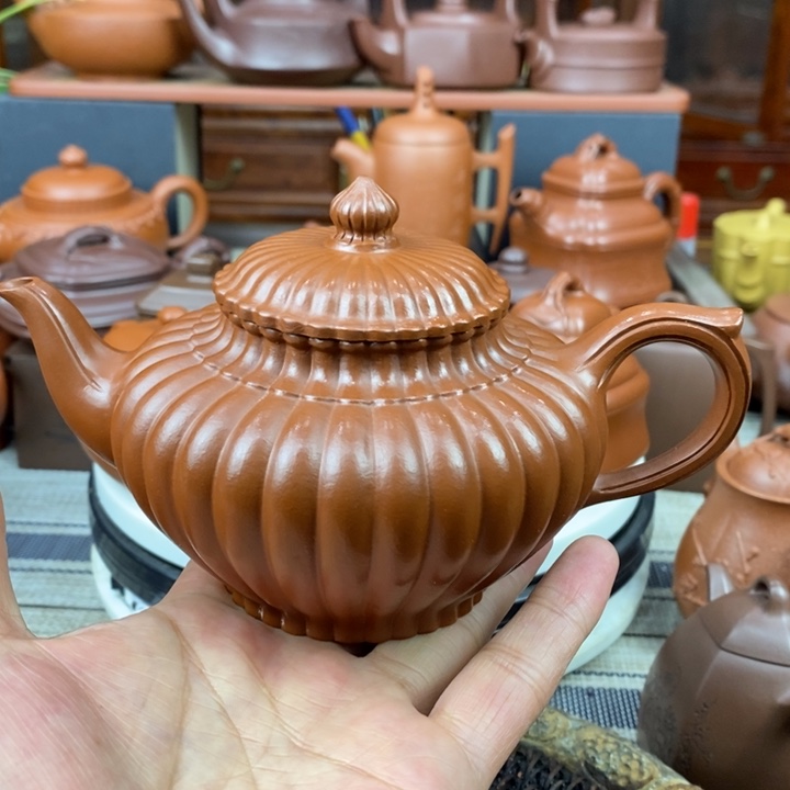 紫砂茶壶筋纹笑樱360cc原矿赵庄朱泥元宵节特价