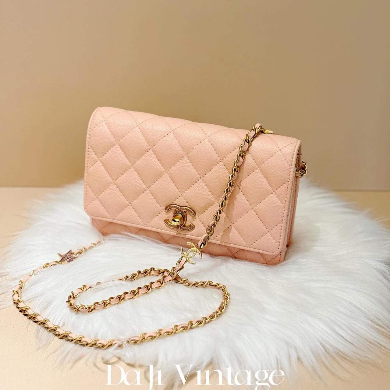99新 Chanel/香奈儿 大吉中古/Chanel粉金溜冰鞋星星链条woc斜挎