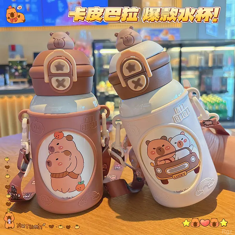 拉布布新款潮流保温杯食品级316男女孩斜挎幼儿园吸管杯防摔水壶