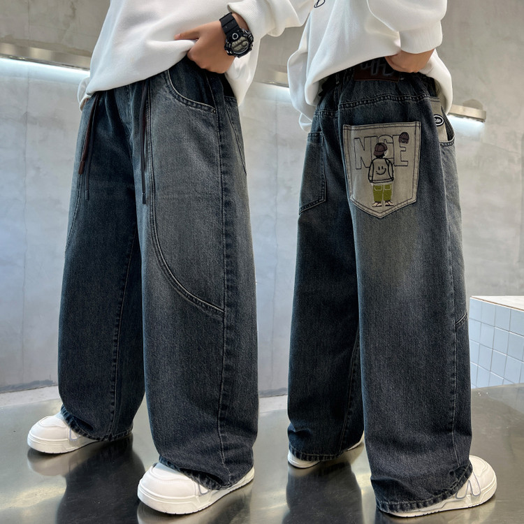 【秋款上新】儿童牛仔直筒裤中大童纯色贴布卡通痞帅男女童休闲裤子