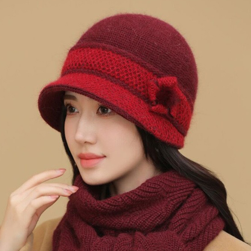 优雅兔毛针织帽女冬季短檐圆顶毛线帽加绒防寒护耳帽妈妈保暖帽子