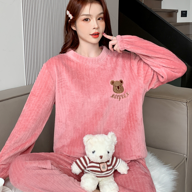 睡衣女士秋冬季冬天冬款珊瑚绒加厚加绒保暖法兰绒家居服大码套装