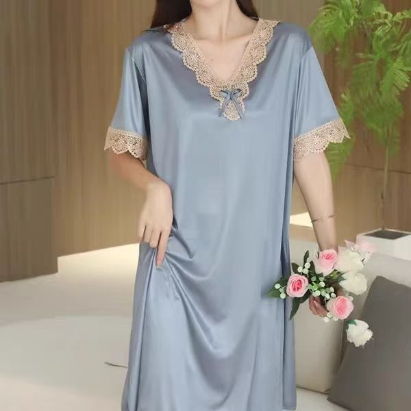 【冰丝睡衣】女夏季新款性感绣花睡裙丝薄款短袖连衣裙家居服