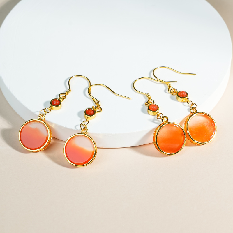 贞吉丨天然南红玛瑙圆牌耳坠 时尚显白(多样性发其一)S925银#H412