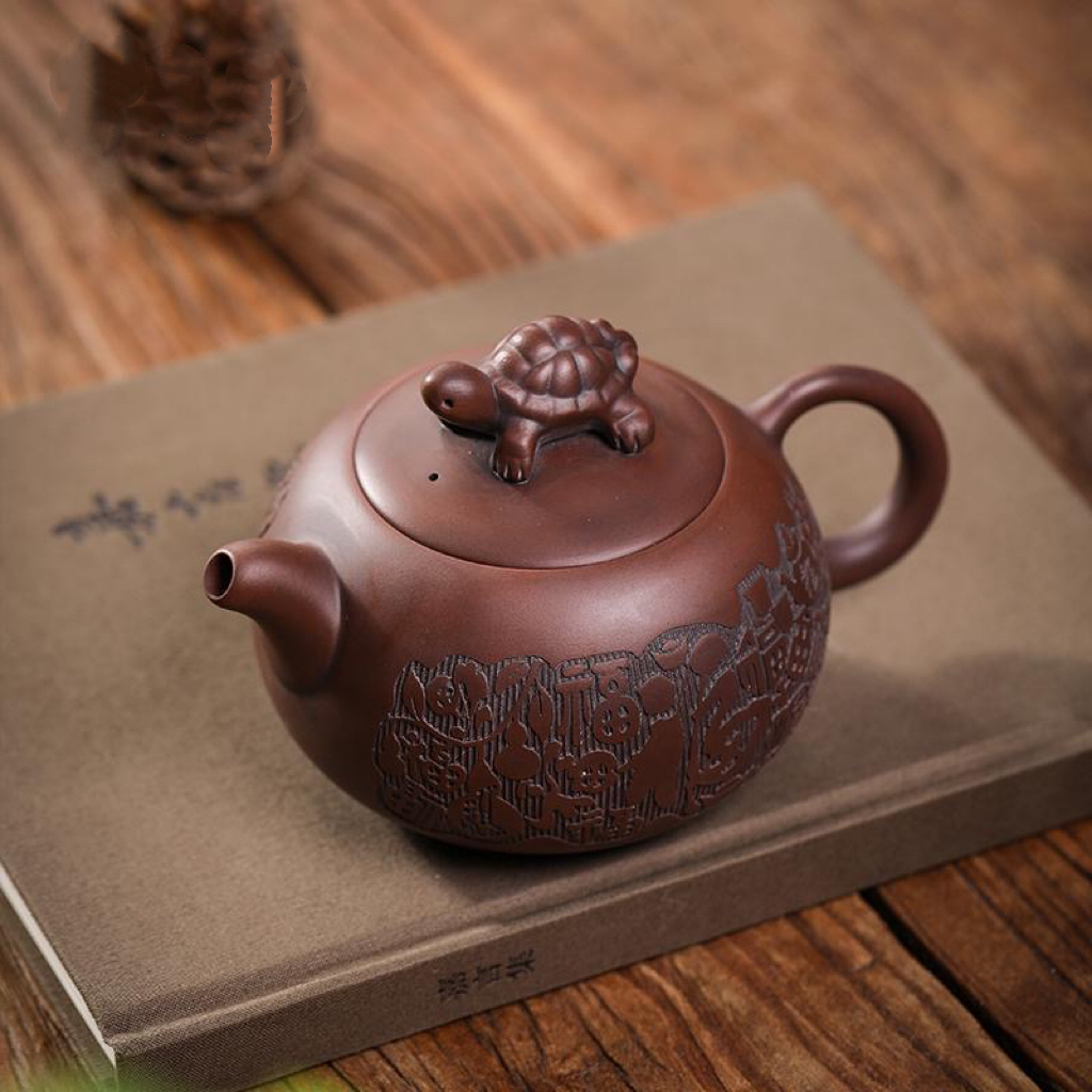 （卢大师）纯手工紫陶百福西施壶 手工浮雕家用泡茶单壶功夫茶具