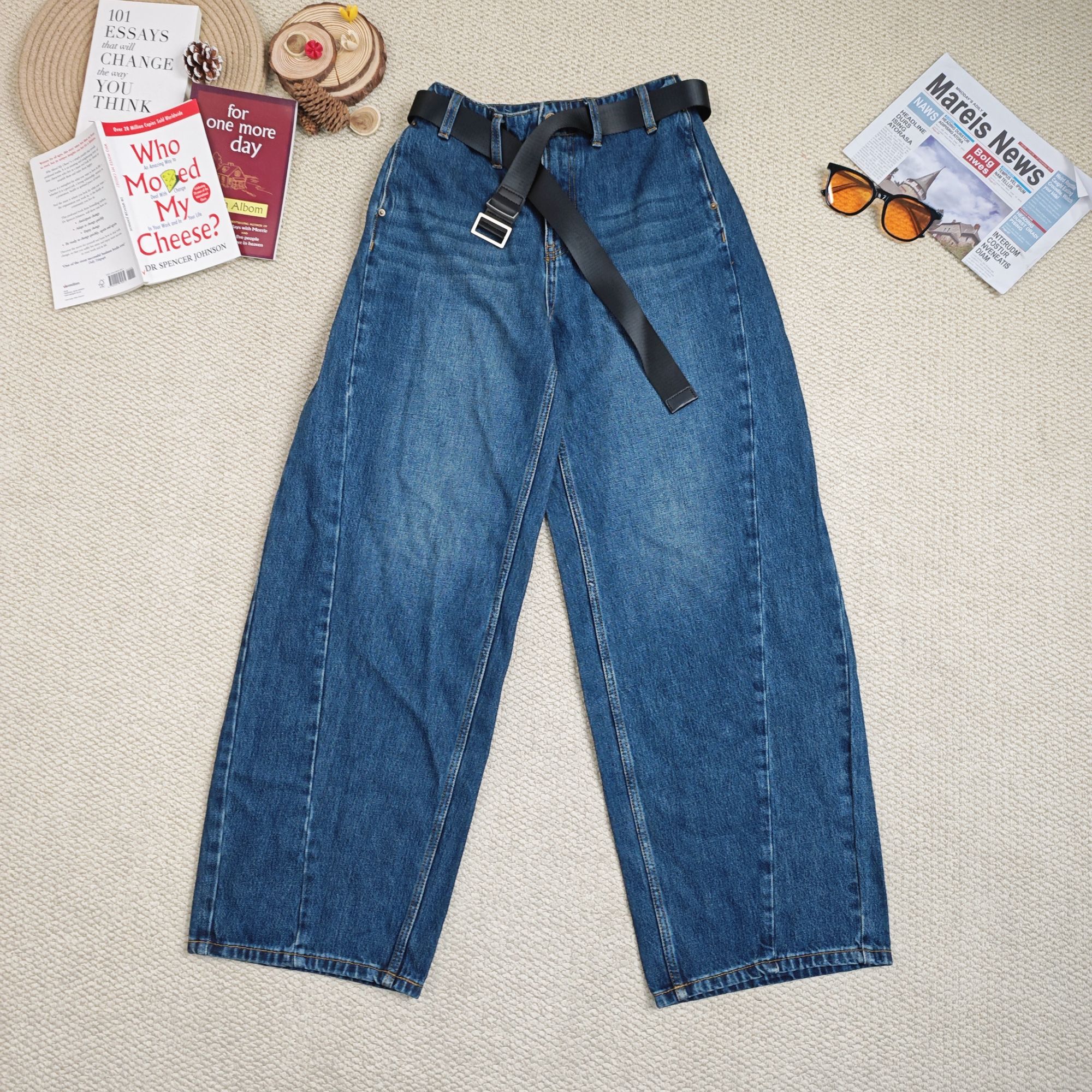 2024秋冬季新款纯色洗水牛仔配腰带加厚休闲裤阔腿裤8618