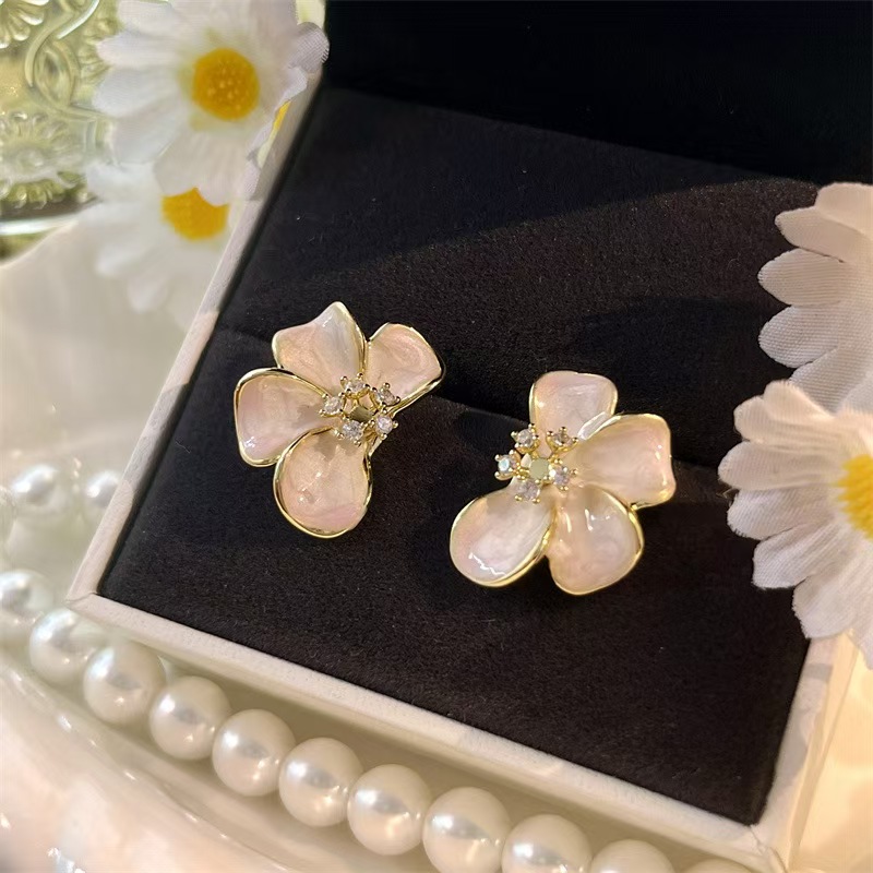 黄铜锆石耳饰 925珐琅滴油花朵耳钉粉色花朵耳钉