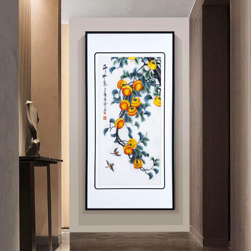 柿柿如意苏绣精品客厅挂画入户玄关装饰画新中式山水刺绣壁画国风