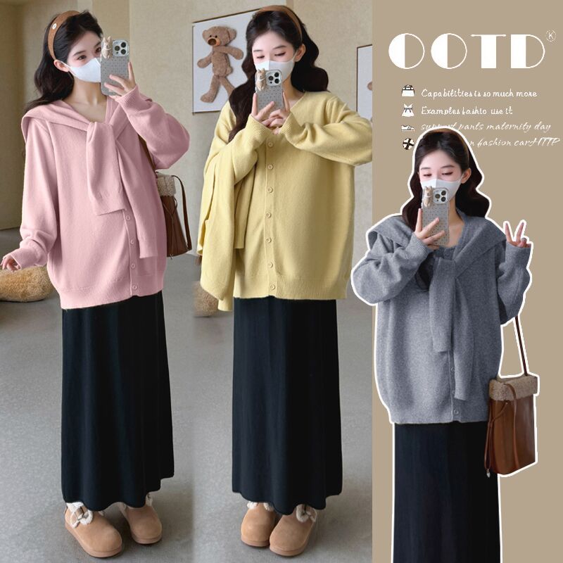 孕妇装秋季时候时尚显瘦宽松套装新款毛衣宽松外穿上衣半身裙两件