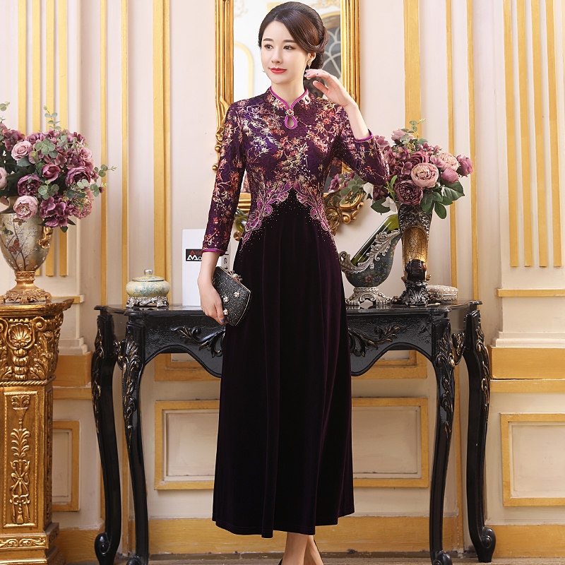 金丝绒旗袍改良版连衣裙婚礼妈妈礼服洋气高贵中袖喜婆婆婚宴装