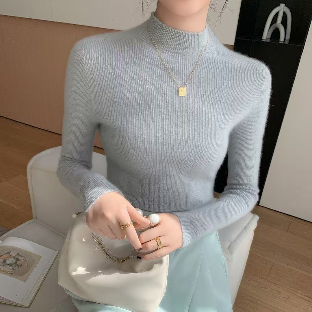 修身羊绒衫女士女纯色百搭半高领抽条打底衫长袖秋冬显瘦百搭简约