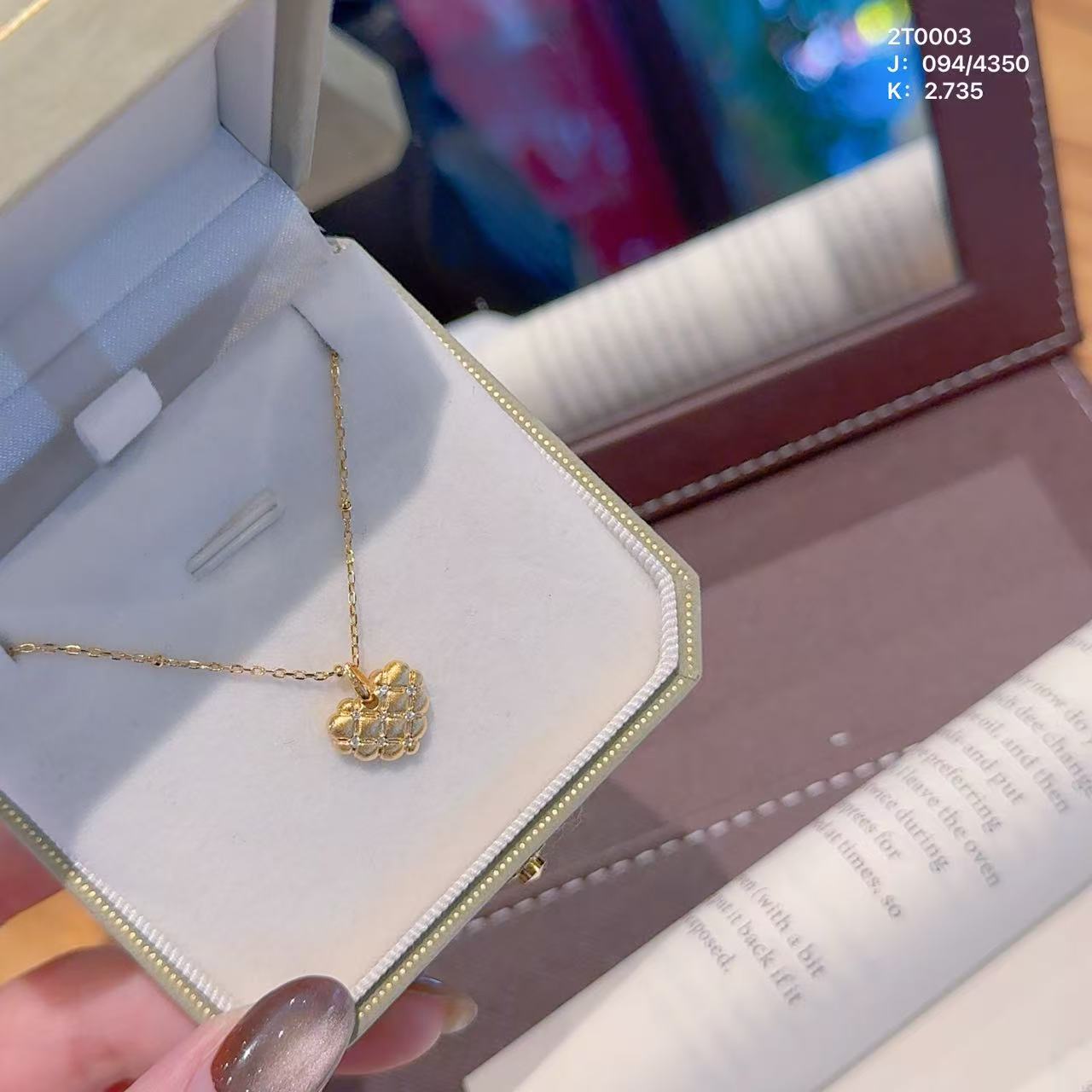 坠链均925银 纯银S925爱心方格项链金色套链