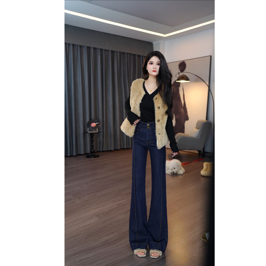 丹宁色加绒加厚牛仔裤子女微喇阔腿裤慵懒风裤子复古小个子长裤子