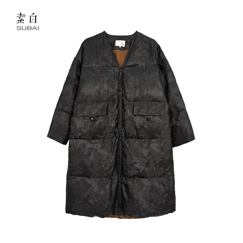 素白香云纱【锦云袍】R01962新中式提花V领长拉链加厚保暖鹅绒服