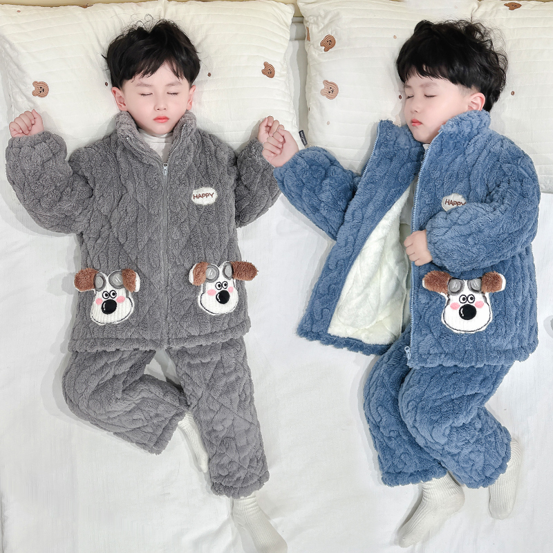 男童三层夹棉睡衣冬季加绒加厚2025新款儿童法兰绒冬款保暖家居服
