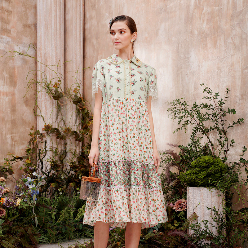 【虎哥专享】朝峰夏复古碎花短袖中长款连衣裙女CFB2D303-306G
