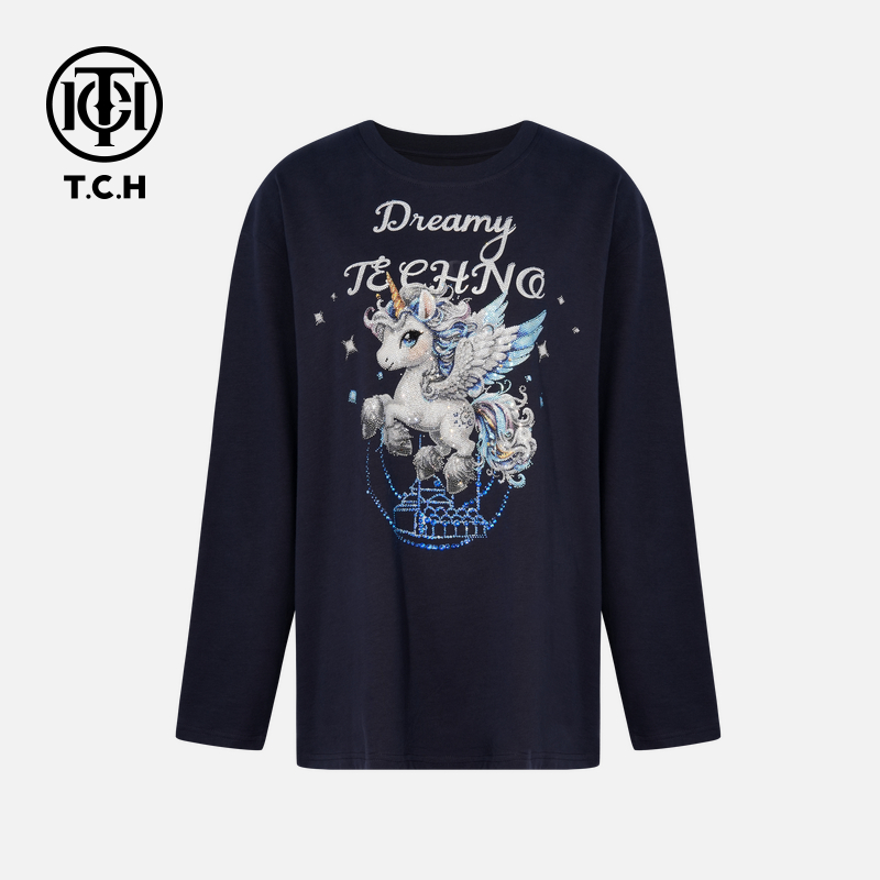 TCH烫钻工艺时尚休闲百搭气质秋款T恤女T75C08E9006轻奢tch