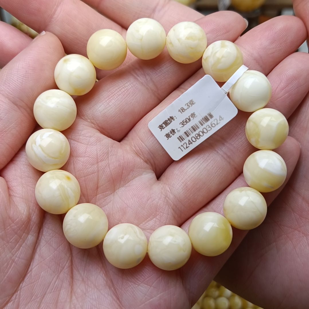 蜜蜡手链未镶嵌12圆珠瓷白满蜡