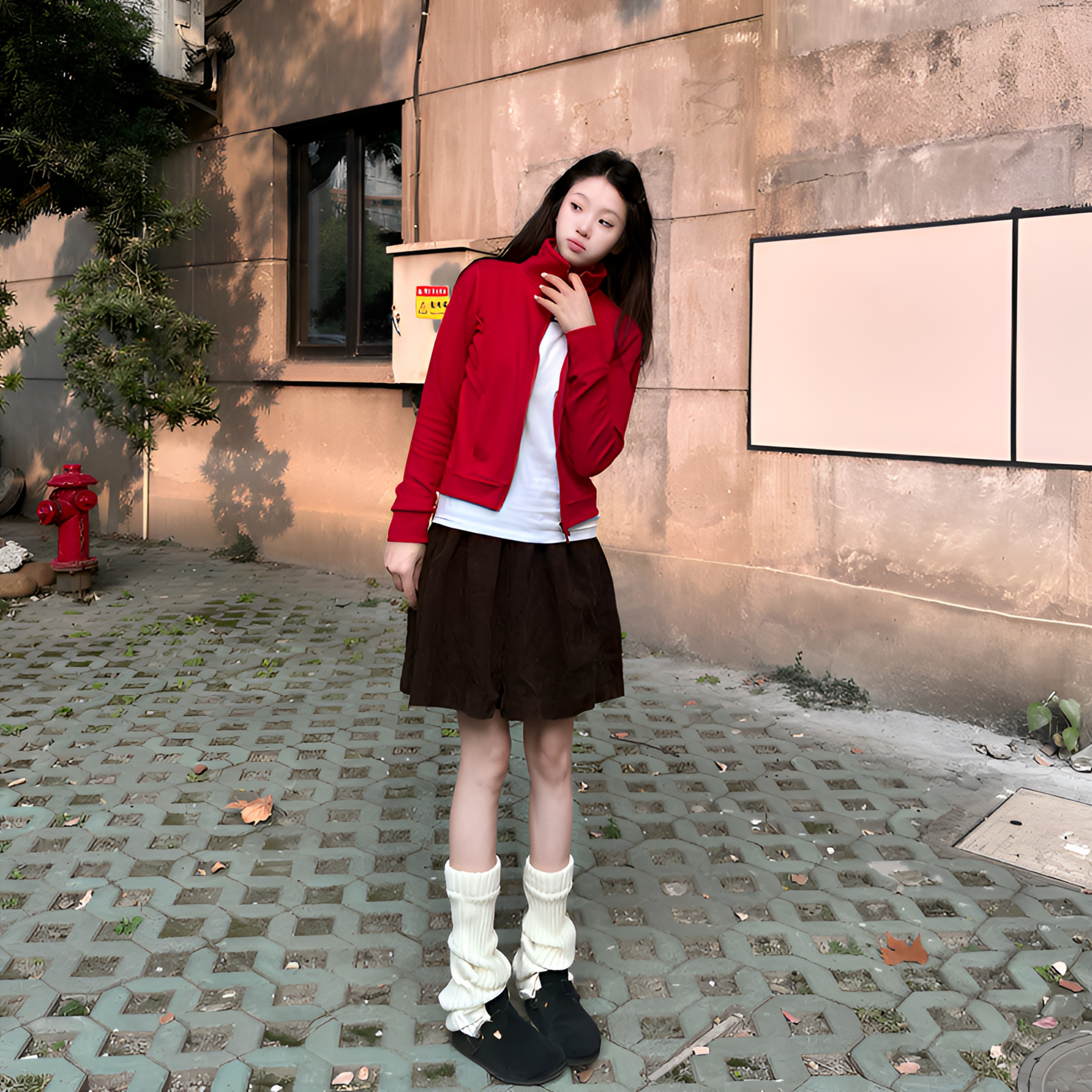 双拉链红色加绒加厚款立领女修身型保暖休闲时尚健身运动外套