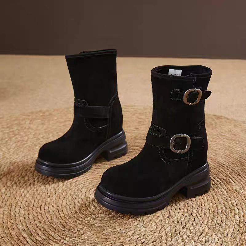 9095-1 12公分女鞋秋冬厚底内增高中筒靴小个子真皮高跟马丁靴