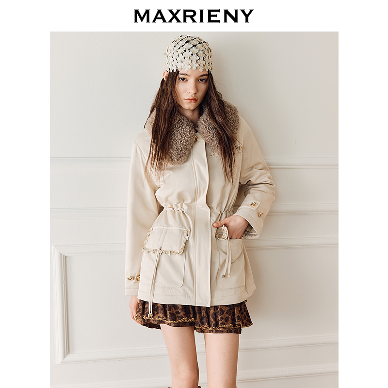 【商场同款】MAXRIENY风衣羽绒服收腰25冬款羊毛翻领保暖外套女