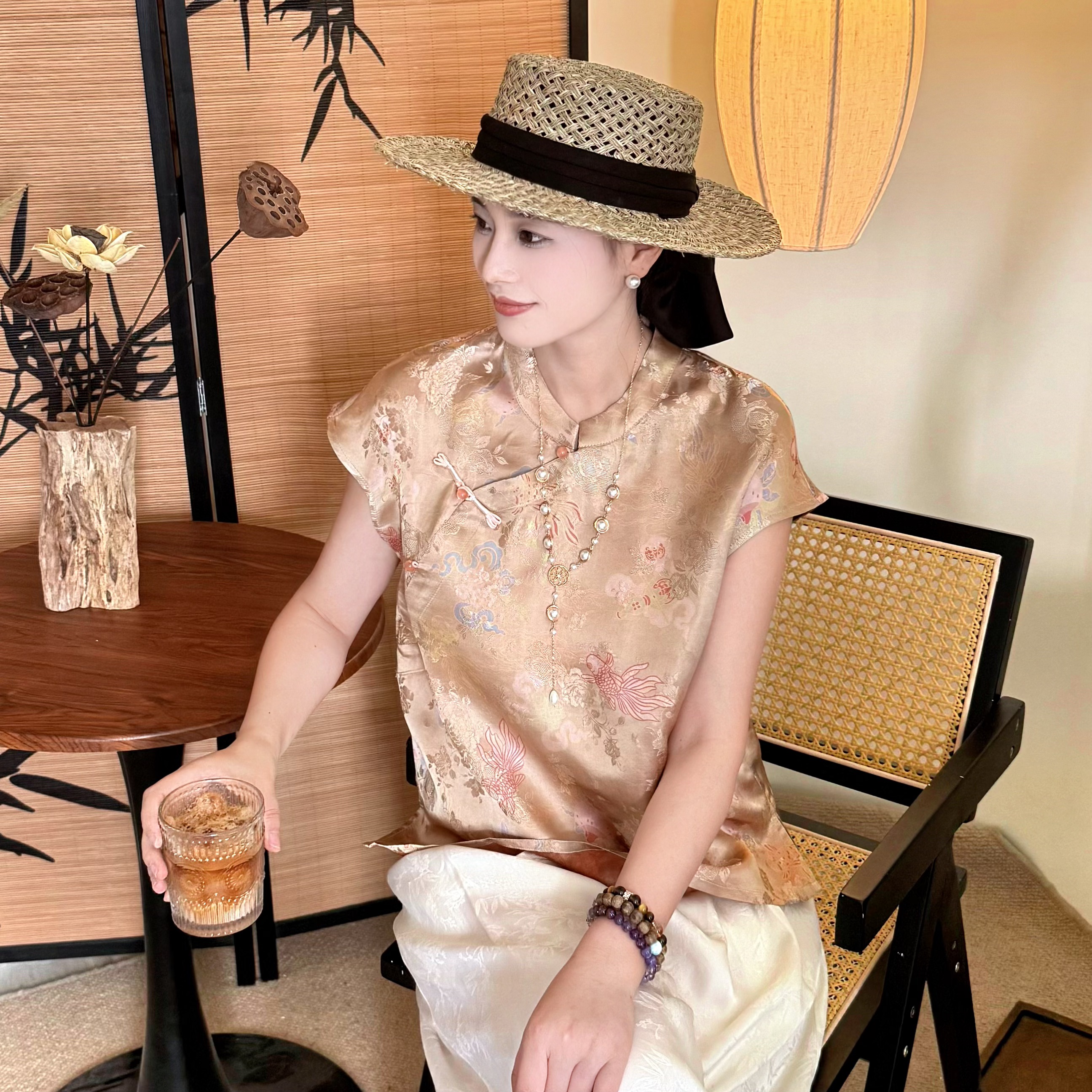 新款国风斜襟盘扣金鱼提花短款上衣